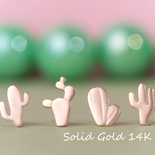 Solid Gold Cactus Earrings / Plant Studs / 14k, 9k 18k / Rose White Gold Jewelry / E76-GD