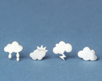 Cloud Sterling Silver Earrings / Rain, Cloud, Sun, Lightning Bolt / One Pair