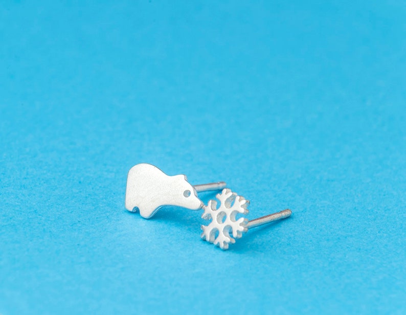 Polar Bear and Snowflake Earrings Cute Tiny Studs sterling silver snow arctic winter Gift teen Animal kids mismatched jewelry Christmas