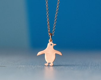 Solid Gold Penguin Pendant / Dainty Bird Necklace / Yellow, Rose or White Gold