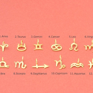 May include: Gold-colored zodiac charm pendants, each representing a different astrological sign. The image shows twelve unique designs, each with a small loop for attaching to a necklace or bracelet. Numbers and names of the signs are printed above the charms.
