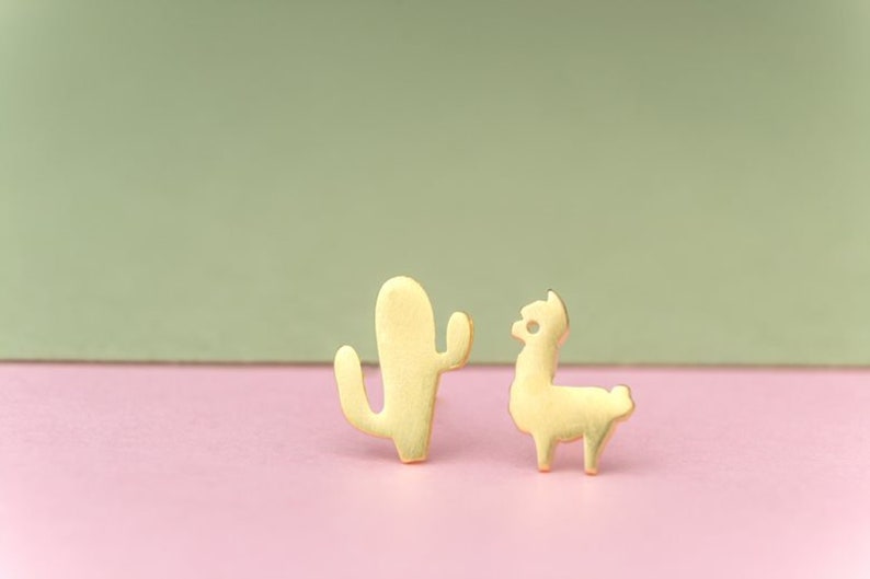 Tiny Alpaca and Cactus Earrings Llama Studs sterling silver Sheep gold studs Minimal Jewelry Kids Teen gift for her mom valentine image 2