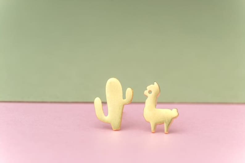 Tiny Alpaca and Cactus Earrings Llama Studs sterling silver Sheep gold studs Minimal Jewelry Kids Teen gift for her mom valentine