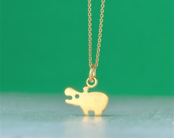 Solid Gold Hippo Necklace / Safari Wild Animal Charm / Dainty Unisex Pendant