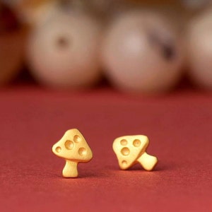 Mushroom Earrings / Sterling Silver Tiny Studs gold / Toadstool woodland fairy women gift