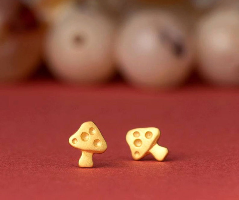 Solid Gold Mushroom Earrings / 14k Tiny Toadstool Studs / Fine Jewelry image 2