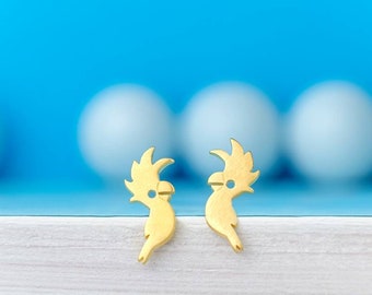 Solid Gold Cockatoo Earrings / Tropical Bird Studs / Summer Earrings