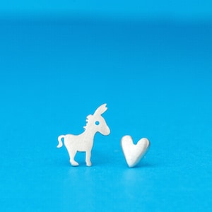 Donkey and Heart Earrings Sterling Silver / Mismatched Love Studs / Valentines Gift