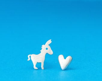 Donkey and Heart Earrings Sterling Silver / Mismatched Love Studs / Valentines Gift