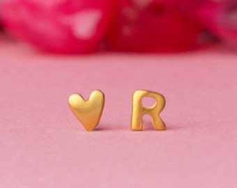 Solid Gold Initial and Heart Earrings / ONE PAIR / gift for her / Mismatched set