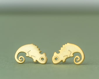 Solid Gold Tiny Chameleon Earrings / Single or Pair / Tiny lizard Studs