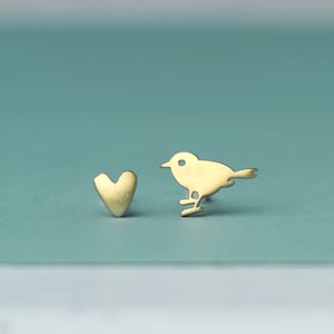 Solid Gold Tiny Bird and Heart / Cute Lovebirds Studs / Gift for women, kids