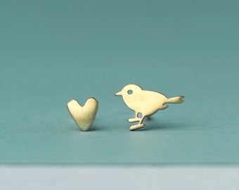 Solid Gold Tiny Bird and Heart / Cute Lovebirds Studs / Gift for women, kids