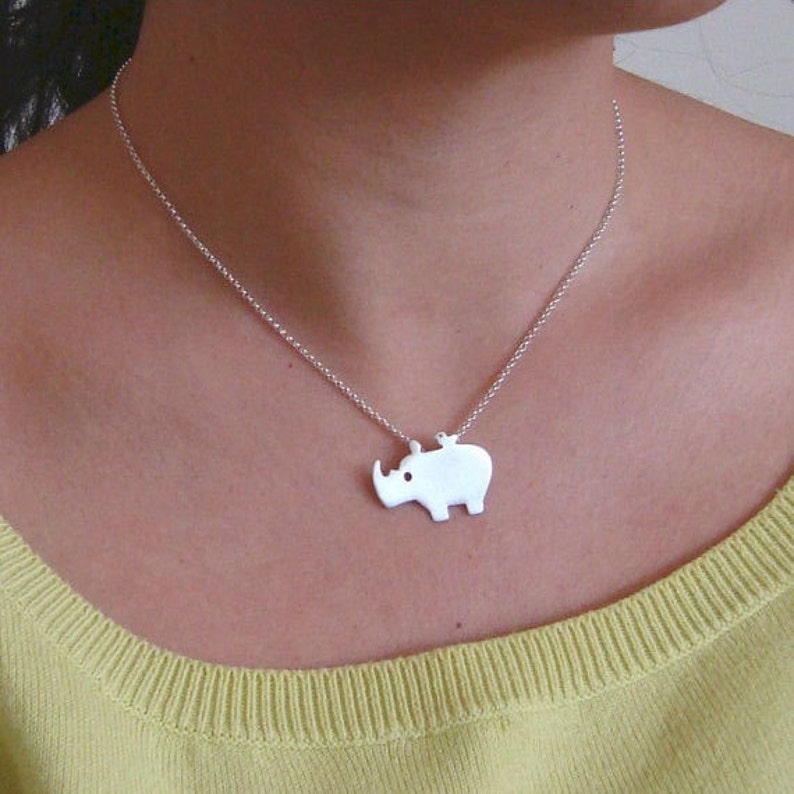 Rhino Necklace Rhino with Tiny Bird Friend  Animal Rhino Charm Big 5 safari Africa Sterling Silver Bird Kids Necklace boy gift for her 