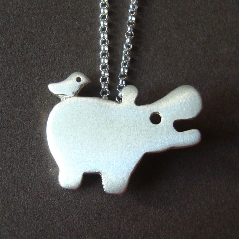 Hippo Necklace with tiny friend Bird Necklace Animal Necklace sterling silver Kid jewelry Hippo Pendant Zoo Necklace image 2