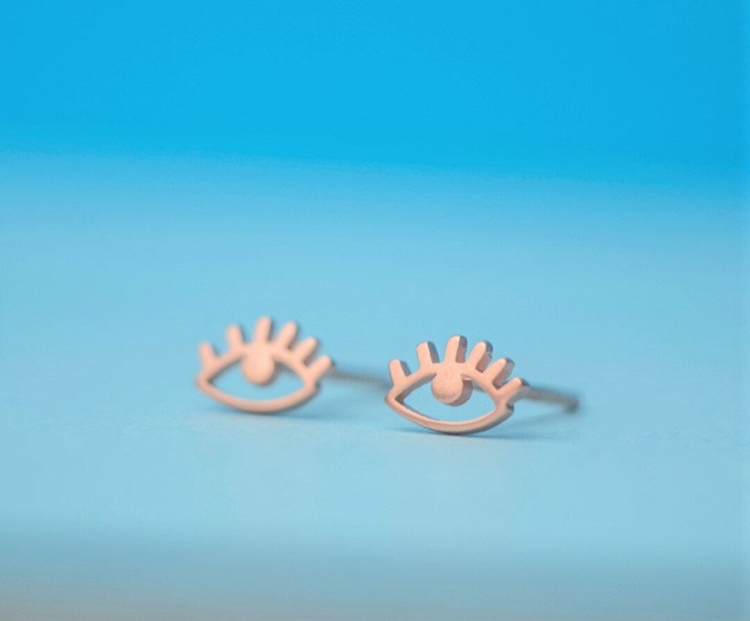 Tiny Solid Gold Evil Eye Stud Earrings 14k Dainty Eyelashes Rose White