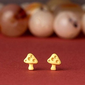 Solid Gold Mushroom Earrings / 14k Tiny Toadstool Studs / Fine Jewelry image 3