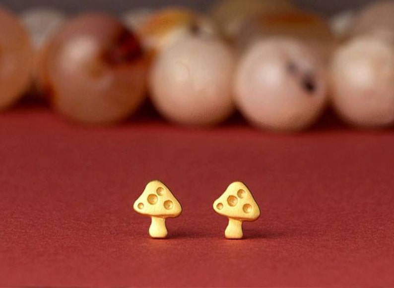 Solid Gold Mushroom Earrings / 14k Tiny Toadstool Studs / Fine Jewelry image 3