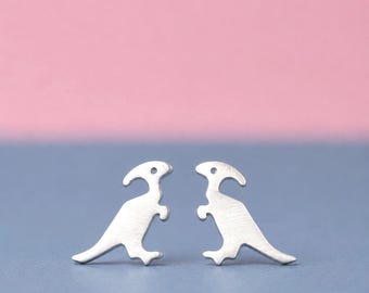 Sterling Silver Dinosaur Earrings / Parasaurolophus Studs / Hadrosaurus Dino / Unisex Jewelry / E55
