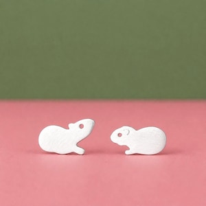 Könnte beinhalten: Ein Paar silberfarbene Ohrstecker in Form kleiner Nagetiere. Jeder Ohrstecker hat eine matte Oberfläche und ein ausgestanztes Detail, das ein Auge darstellt. Die Ohrstecker sind in entgegengesetzte Richtungen ausgerichtet.