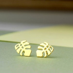 Solid Gold Monstera Leaf Earrings / Plant Lover Studs / Botanical Gift / Unisex