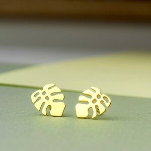 Solid Gold Monstera Leaf Earrings Plant Lover Studs Botanical
