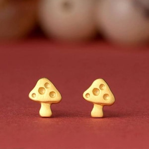 Solid Gold Mushroom Earrings / 14k Tiny Toadstool Studs / Fine Jewelry