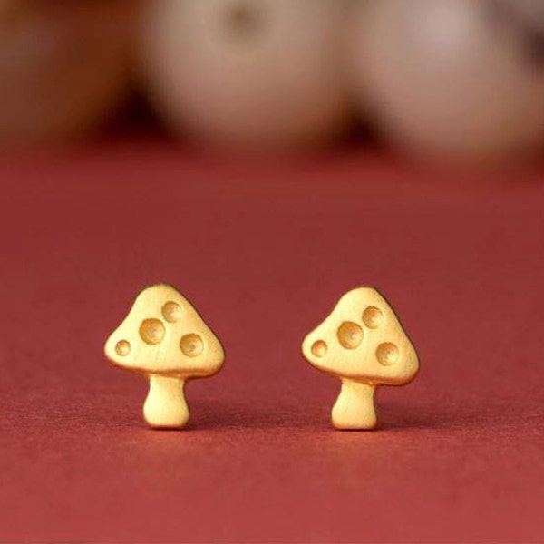 Solid Gold Mushroom Earrings / 14k Tiny Toadstool Studs / Fine Jewelry