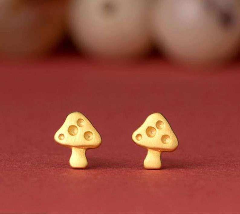 Solid Gold Mushroom Earrings / 14k Tiny Toadstool Studs / Fine Jewelry image 1