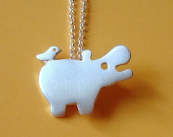 Hippo Necklace with tiny friend Bird Necklace Animal Necklace sterling silver Kid jewelry Hippo Pendant Zoo Necklace
