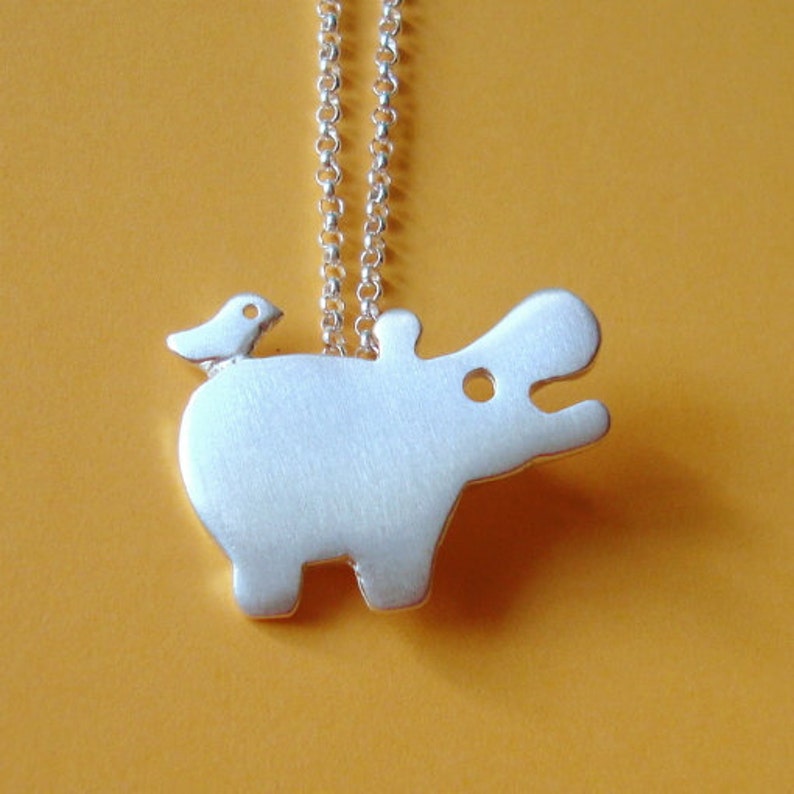 Hippo Necklace with tiny friend Bird Necklace Animal Necklace sterling silver Kid jewelry Hippo Pendant Zoo Necklace image 1