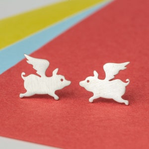Flying Pig Earrings Cute animal studs sterling silver Children Kids jewelry animal gift women girl teen mom gift winter charm Birthday