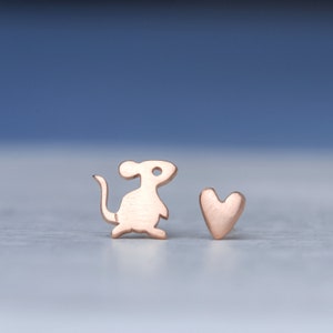 Tiny Mouse and Heart Earrings / Love Valentine Gift / sterling silver mismatched jewelry