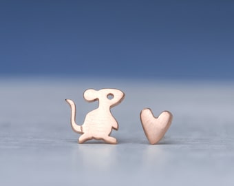 Tiny Mouse and Heart Earrings / Love Valentine Gift / sterling silver mismatched jewelry