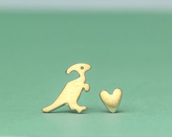 Solid gold Tiny Dinosaur and Heart Earrings / Parasaurolophus stud earrings / Valentine  Jewelry