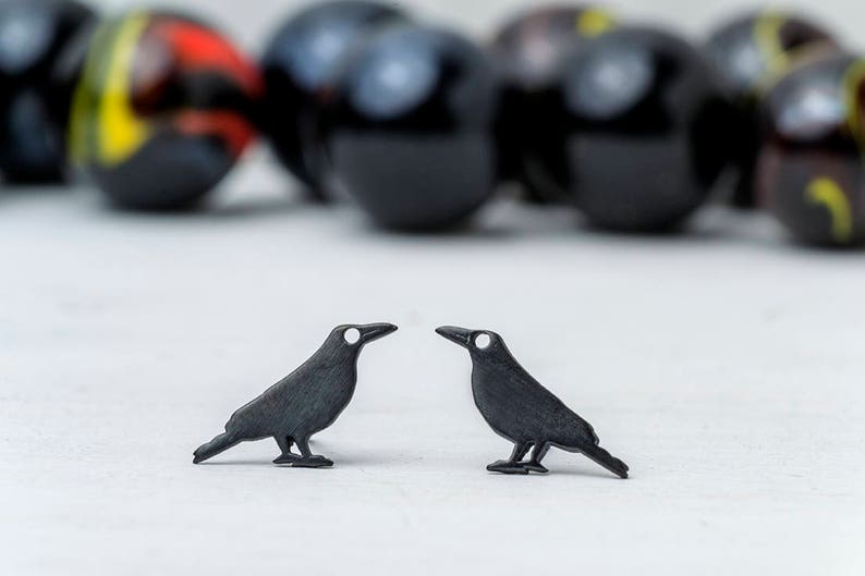 Black Crow Earrings / Bird Studs / Unique Earrings / Sterling Silver 