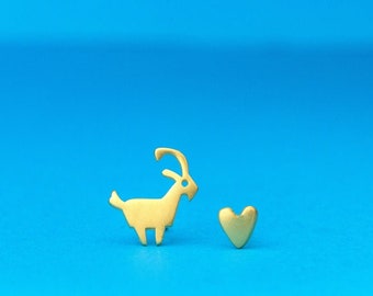Solid Gold Tiny Goat and Heart Earrings / Mismatched Studs / Cute Valentine Gift for Her