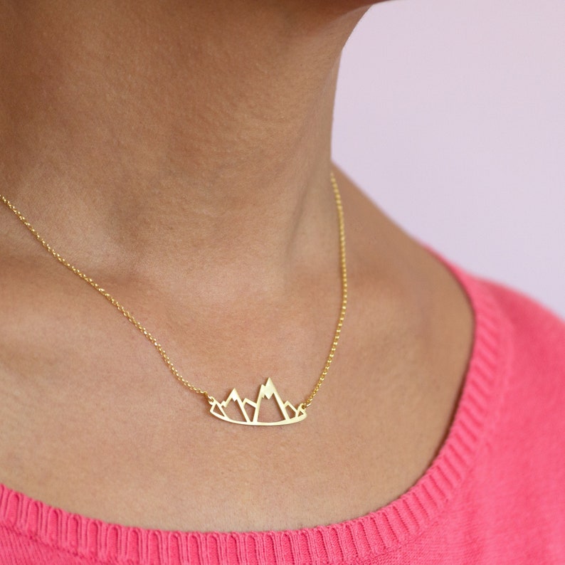 Solid Gold Mountain Necklace / Hiking Pendant / Nature lover Gift / 9k, 14k or 18k yellow, white or rose solid gold image 1