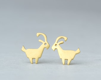 Solid gold Goat Earrings 14k Ram Aries yellow white Gold Stud Moon Stud 18k Rose Gold Everyday Earrings Gift for her Halloween Magical Horse