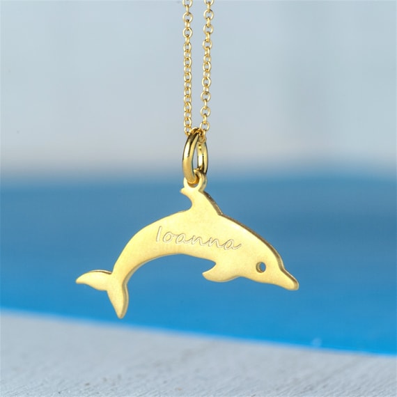 Diamond-Eyed Dolphin Pendant Necklace 14k Yellow Gold 0.01ct - AZ19566