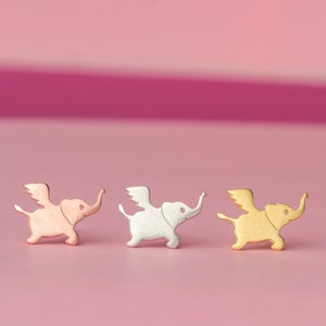 Solid Gold Flying Elephant Earrings Funny animal Studs rose gold white Bird Jewelry Bridesmaid gift girl mom kid memory earrings angel wings