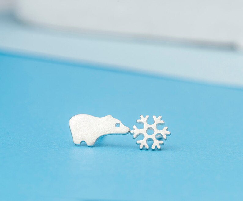 Polar Bear and Snowflake Earrings Cute Tiny Studs sterling silver snow arctic winter Gift teen Animal kids mismatched jewelry Christmas