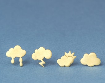 Solid Gold Tiny Cloud Earrings Pair / Season Studs Rainy, Sunny, Cloudy / Unique Jewelry / 9k 14k 18k solid gold