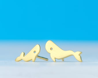 Tiny Whale Earrings Mother and Child /  Minimal Mismatched Studs in Sterling Silver