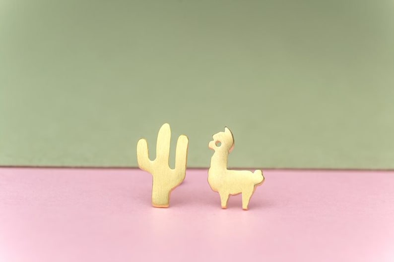 Tiny Alpaca and Cactus Earrings Llama Studs sterling silver Sheep gold studs Minimal Jewelry Kids Teen gift for her mom valentine image 1
