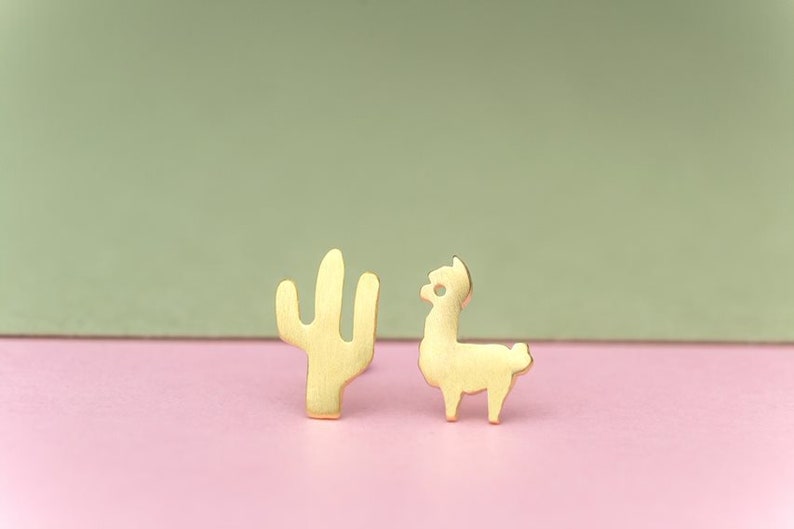 Tiny Alpaca and Cactus Earrings Llama Studs sterling silver Sheep gold studs Minimal Jewelry Kids Teen gift for her mom valentine