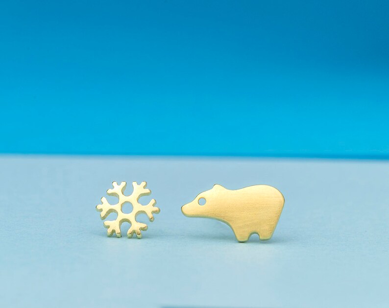 Polar Bear and Snowflake Earrings Cute Tiny Studs sterling silver snow arctic winter Gift teen Animal kids mismatched jewelry Christmas