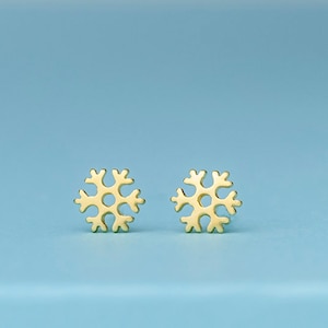 Tiny Solid Gold Snowflake Earrings / 14k Dainty Winter Studs / Minimal Gift for Women, Teens
