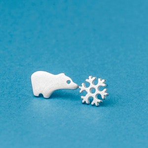 Polar Bear and Snowflake Earrings / Cute Winter Studs / sterling silver Gift