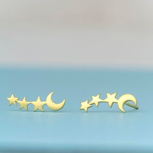 Moon Star Ear climbers in solid gold / Single or Pair Celestial Earring Studs / Mothers day gift